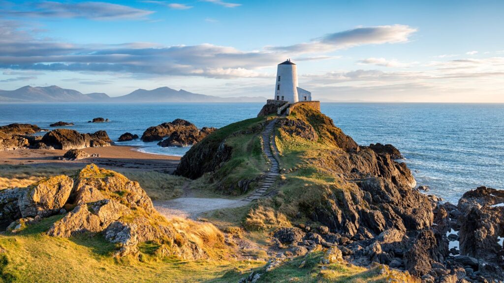 White lighthouse on a rocky promontory overlooking the sea, with a winding stone path leading up to it at golden hour